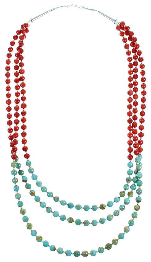 Turquoise Coral 3-Strand Sterling Silver Bead Necklace RX115206
